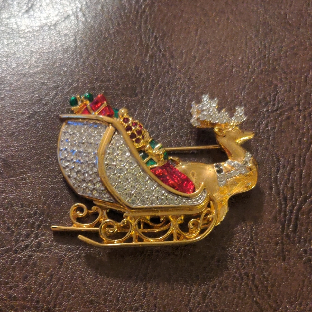 Swarovski Gold and Red Reindeer Sleigh Brooch
